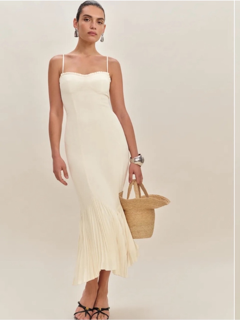 Reformation Ivory Pleated-Hem Slip Midi Dress